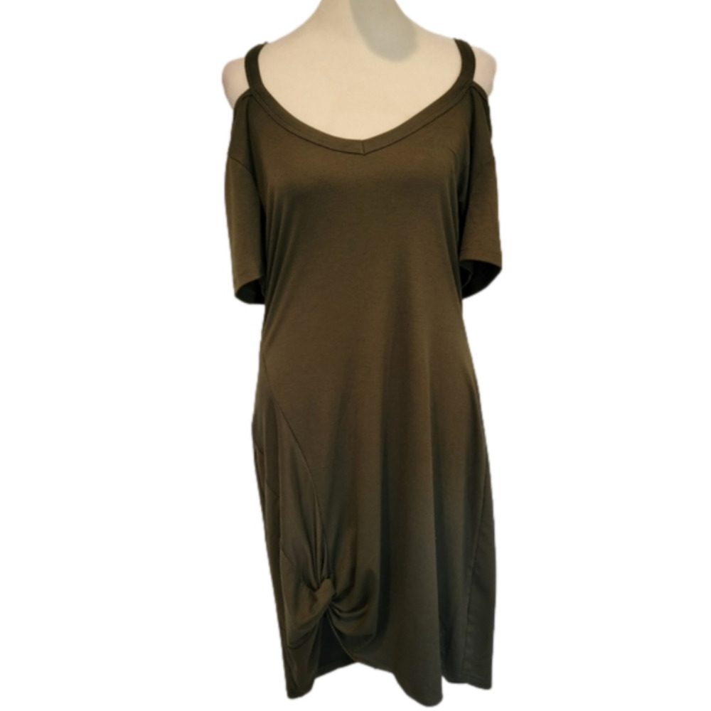 Berryou Cold Shoulder Army Green T-shirt Midi Dress with Ruched Hem Size L